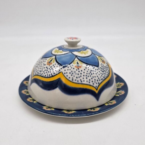 Hand-Painted Ceramic Domed Butter Dish With Lid - Floral Pattern - Blue/White/Ye - Picture 6 of 11